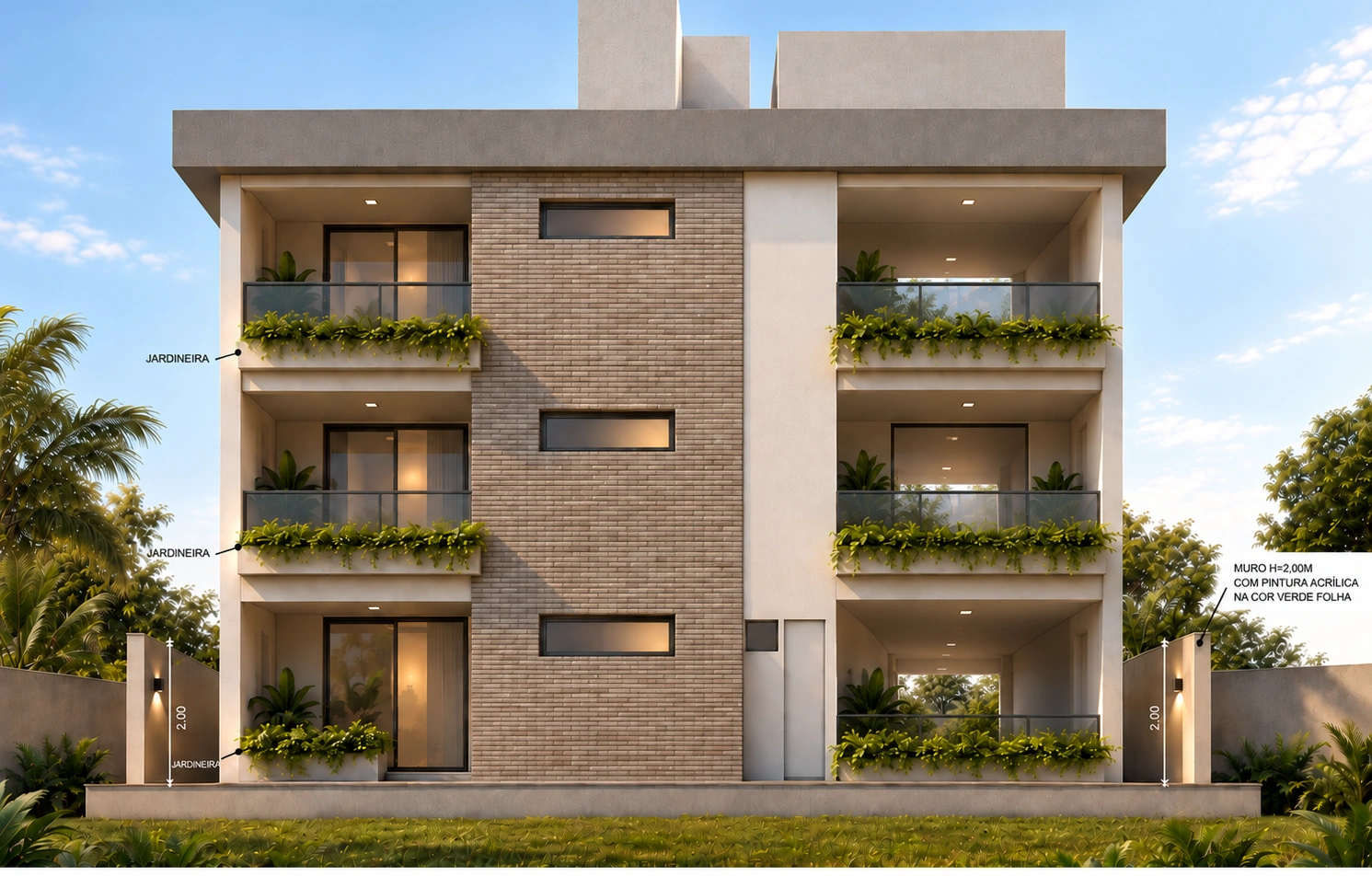 Fachada dos fundos com três níveis, varandas laterais e jardineiras